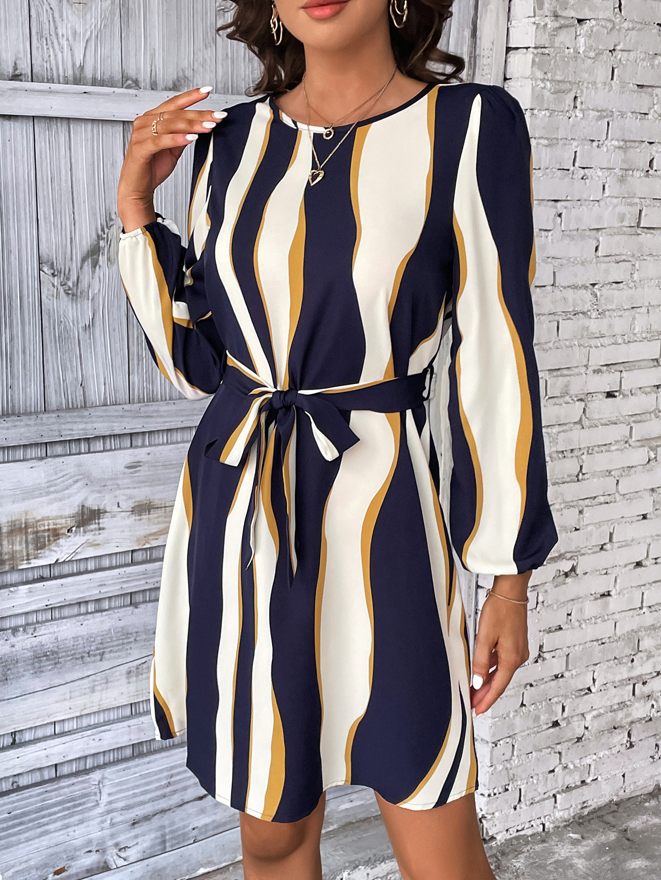 Women Multi Color Stripe Round Neck Lantern Sleeve Belt Dress Women Clothing