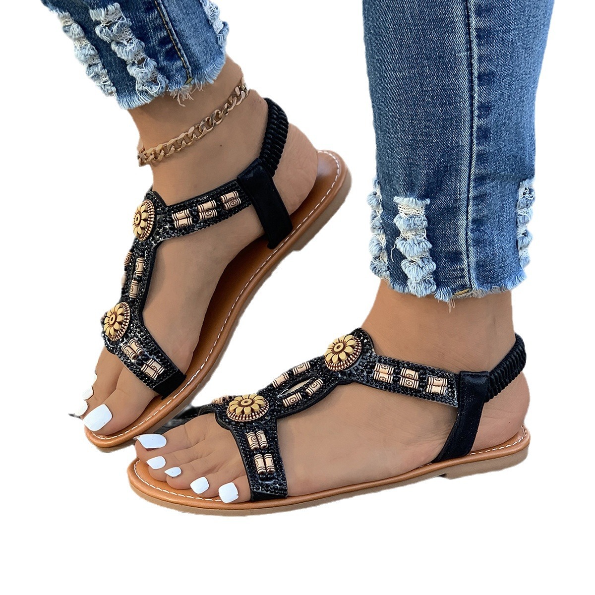 Bohemian 2024 Sommer Neue Perlen Wasser Diamant Bull Muscle Sohle Anti rutsch Schwangere frauen Schuhe Strand Sandalen_voghion.com