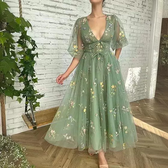 Amazon Export New Mesh Dress 2025 European and American V Neck Sexy Evening Dress Prom Party Dress for Women