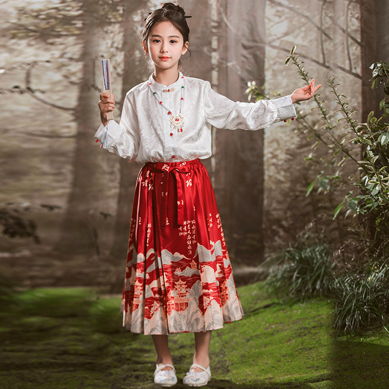 New Chinese Style Girls' Shirt and Horse Face Skirt Set Spring Outfit 2024 New Children's Ming Style Hanfu Princess Dress