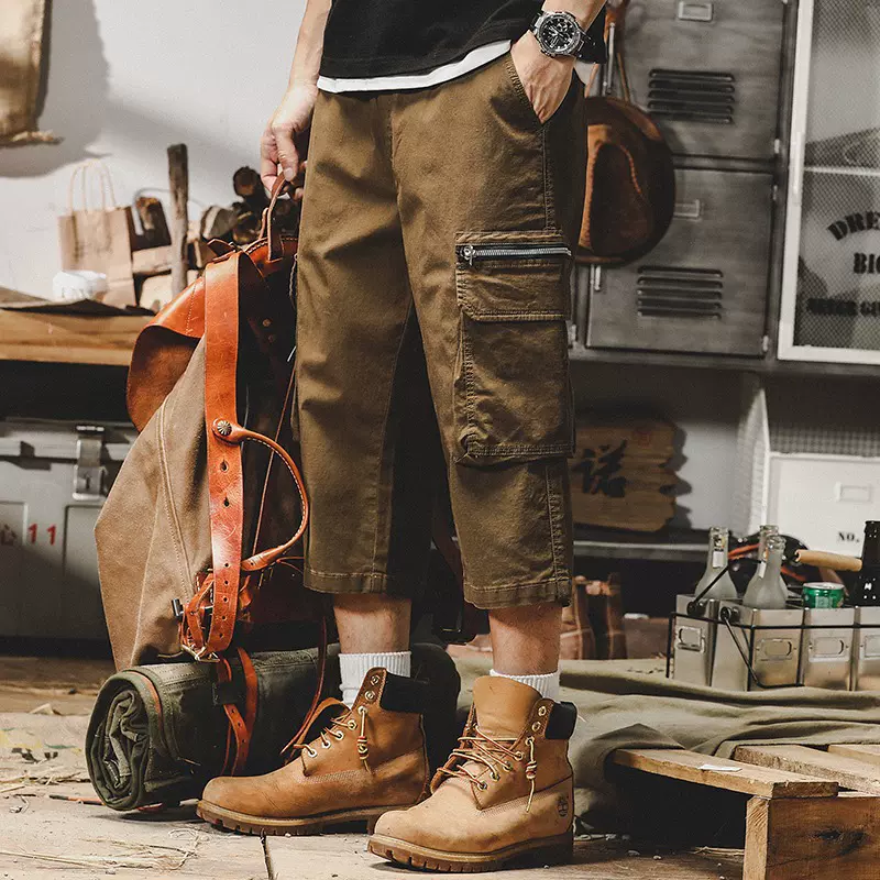 美式复古工装七分裤男士宽松直筒夏季休闲短裤子纯棉大码男装马裤