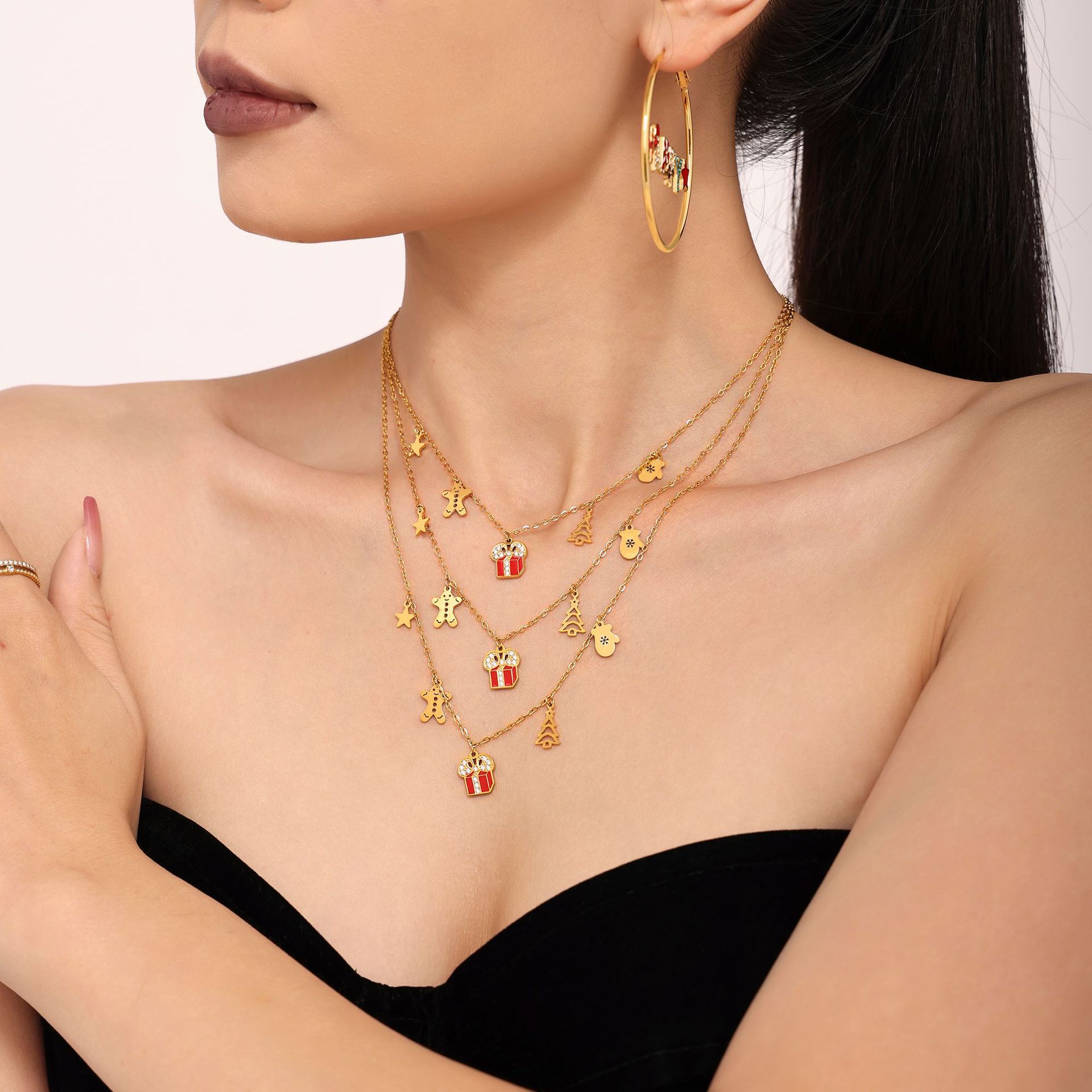 Acero inoxidable 18K oro real de Navidad de moda ligera lujosa esmalte de diamante collar conjunto de pendientes