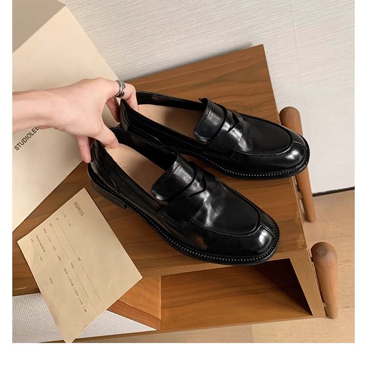 Giày lười nữ da bò mũi tròn gót vừa 3–5 cm — Điểm đen, Đốm nâu cổ điển chi tiết 39