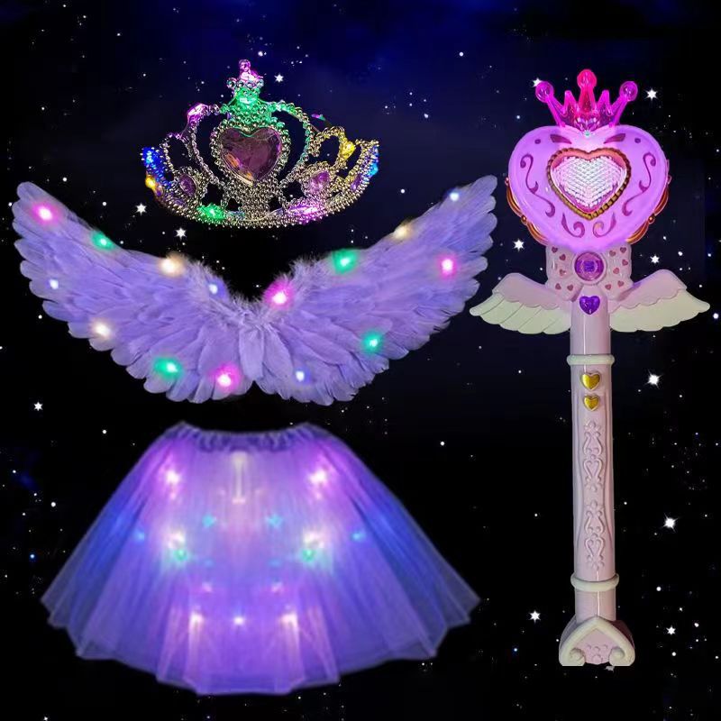 Alas de plumas luminosas moradas + falda de luz + Corona de luz + palo de proyección