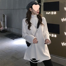 高领打底衫女内搭春秋冬季洋气中长款白色德绒破洞恤加绒上衣潮
