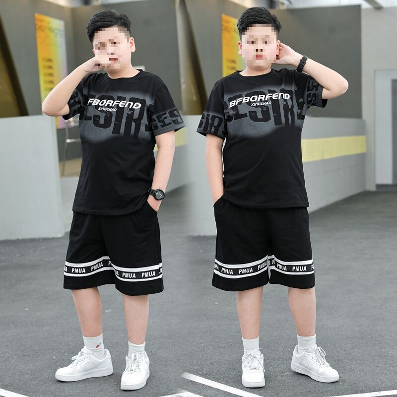 2024 Children's Shorts Two-Piece Set for Boys, Summer Large Size Short-Sleeve New Loose Fit for Chubby Boys