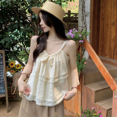 Ladies' Small Size Lace Splicing Strap Tank Top with Ties 2024 Summer New Sweet Loose Hem Edge Top