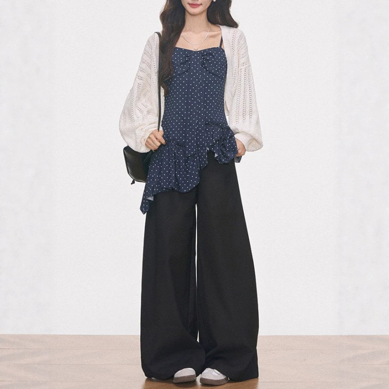 Westayone Hollow-Out Knitted Blouse + Polka Dot Halter Top for Women Korean Style + Wide-Leg Pants