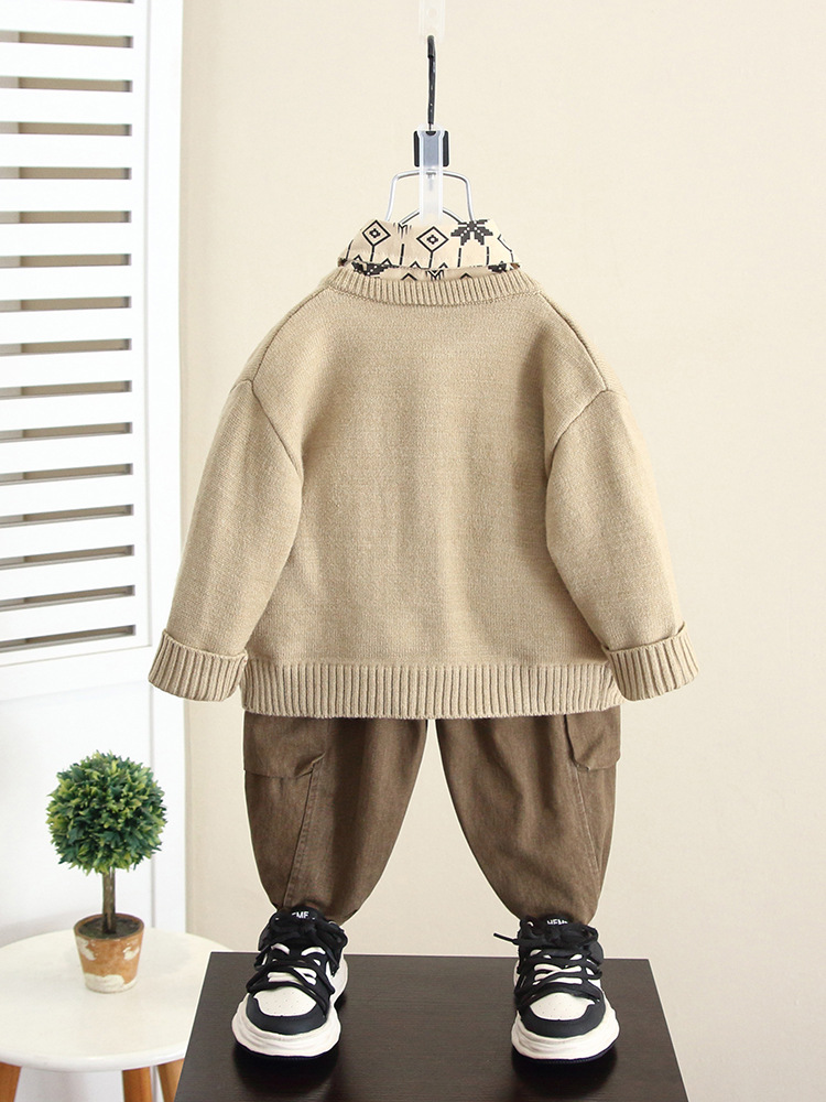 5949 traje de suéter para niños 2025 otoño nuevo estilo rebeca de otoño para niños de tres piezas bebé primavera y otoño nuevo estilo chino