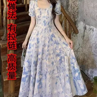 一件代发法式方领蓝色油画碎花连衣裙女夏收腰显瘦网红爆款中长裙