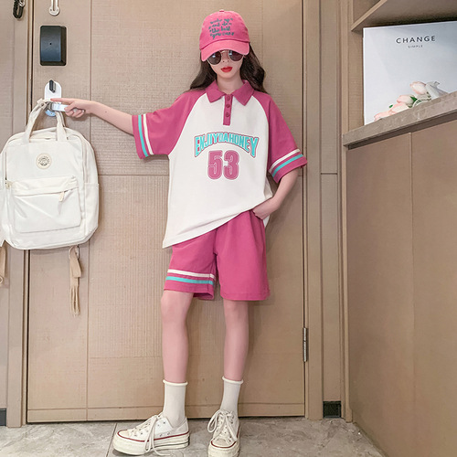 Girls Summer Polo Shirt Lapel Set  New Medium and Large Children's Style Loose Splicing Sports Two-piece Trendy Set