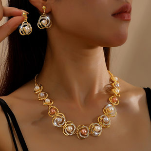 Cross-border supply manufacturer wholesale pearl necklace set bridal accessories fashion dress dinner versatile alloy plating