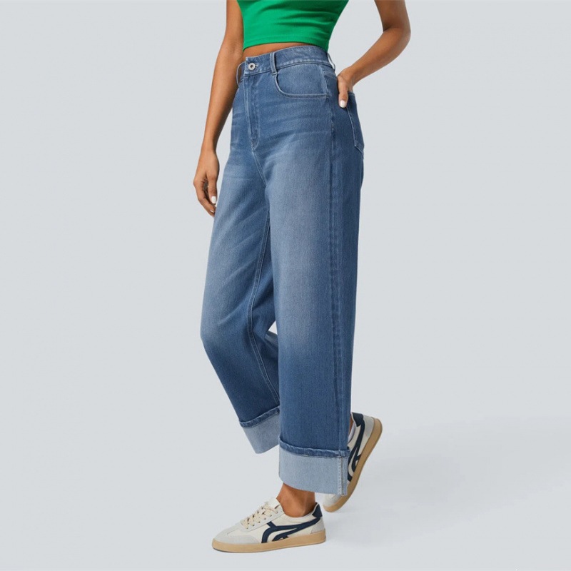 Jeans Rectos de Cintura Alta para Mujer de Algodón y Poliéster Corte Recto para Uso Diario