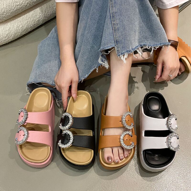 2025 New Slippers Double Strap Buckle Sandals Eva Thick Sole Simple Outer Wear I-Shaped Diamond Ring Slippers
