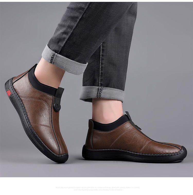 Bốt nam cổ trung lót lông giữ ấm chống trượt, giày da lười đế bằng — giày nâu, giày đen, Lông cừu đen, Màu nâu cộng với nhung chi tiết 22
