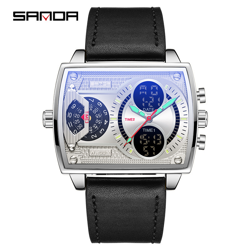 Sanda sanda6032 Harajuku estilo reloj electrónico doble pantalla multifuncional cinturón hombres moda cuadrado reloj personalizado
