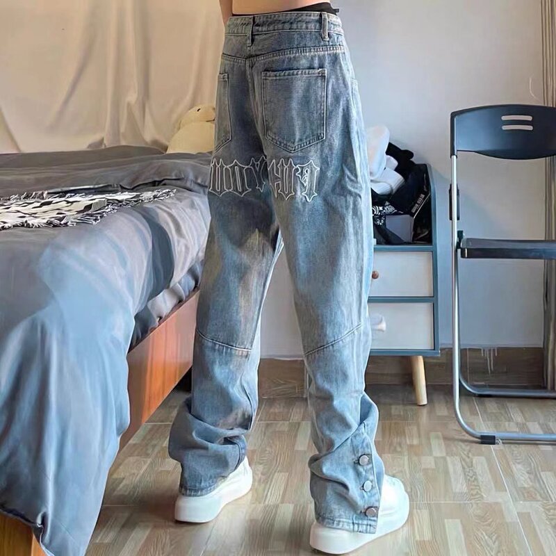 American high street letter embroidered jeans men vibe street hip hop fashion brand button split loose trousers fashion