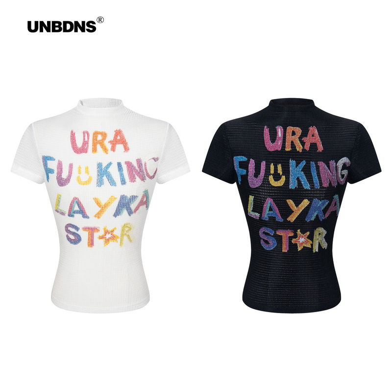 Unbdns Celebrity Style American Graffiti Style Black Letter Hot Girl American Sweet and Spicy Pleated T-Shirt Short Top