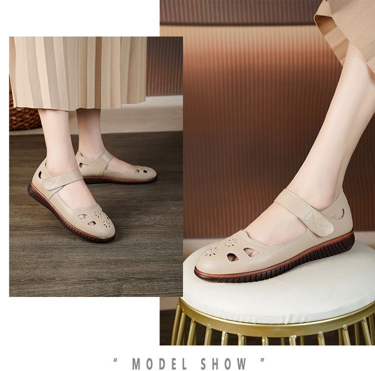 Sandal da thật nữ đế cao su bệt thoáng khí, phong cách thoải mái cho mẹ — màu đen chi tiết 10