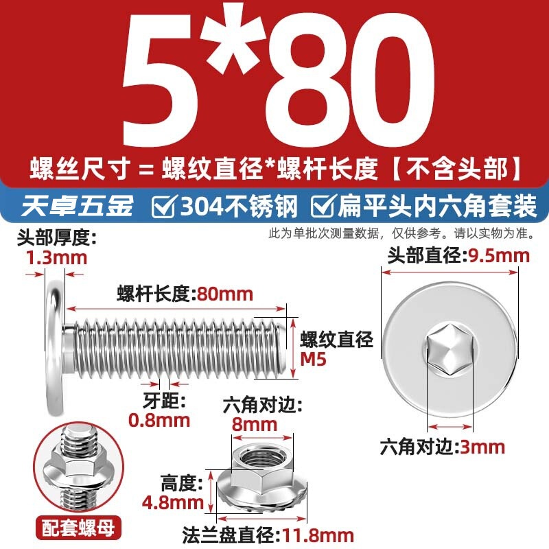 304不锈钢CM大平头超薄头C头扁平头内六角螺丝钉法兰边螺母套装M5|undefined