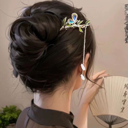 New Chinese style bamboo leaf dripping oil tassel hairpin, ancient style hairpin on the back of the head, retro temperament, Hanfu step-shaking hairpin