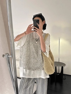 Summer New Style Small Love Song Hollow Mixed Yarn Shiny Design Mesh Vest for Women Korean Style