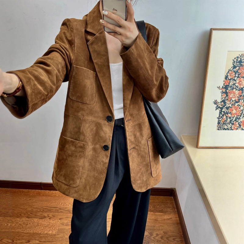 Genuine Leather Suit for Women, 2025 Autumn New Style, Goat Leather Suede, Premium Needlework, Melard Wide-Fit, Light Luxury Leather Coat, Mid-Length Jacket