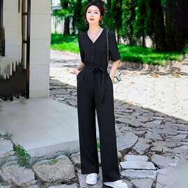 高级感连体裤女2026夏季新款韩版高腰黑色显瘦修身V领阔腿连衣裤