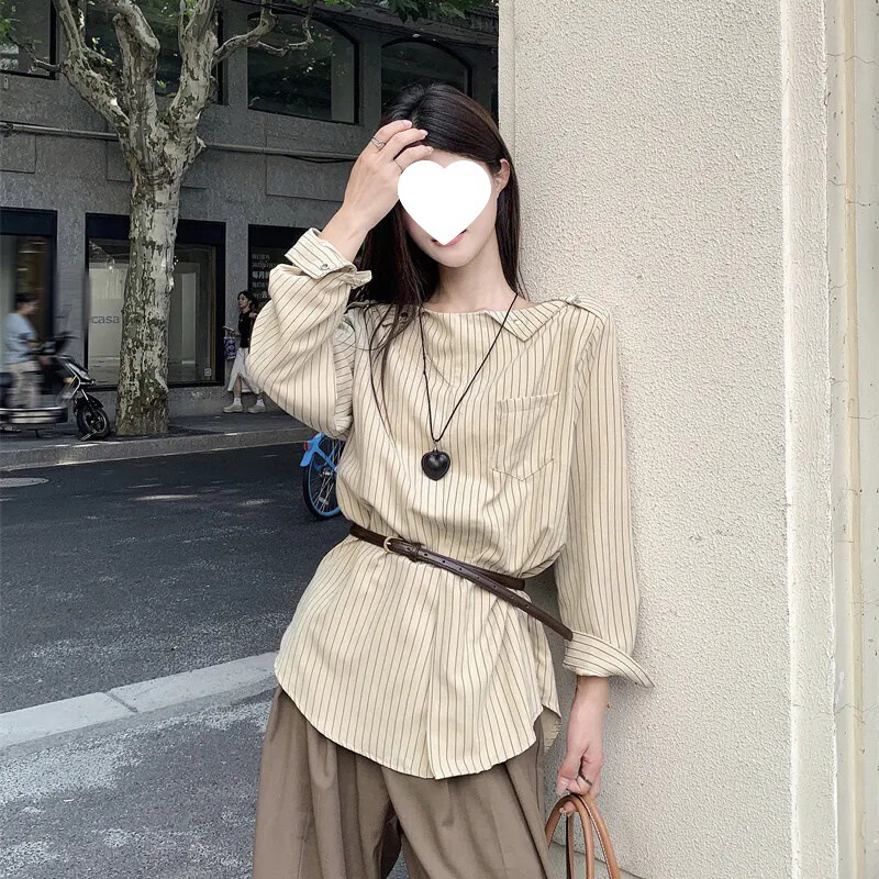 韩版条纹正肩开叉长袖衬衫秋季2025新款设计感时尚气质小众上衣女|undefined