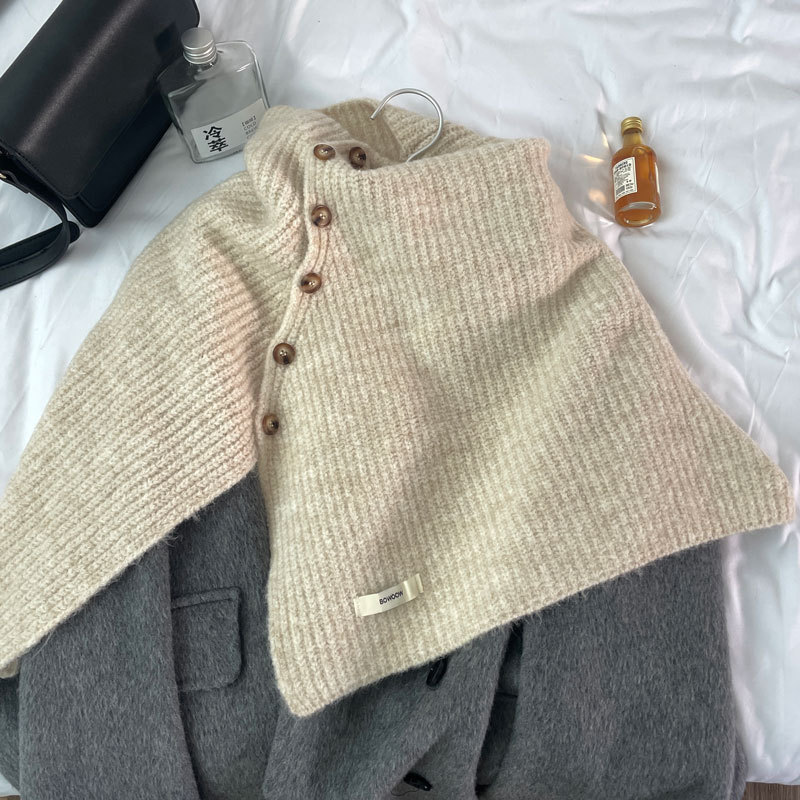Wool-containing Korean-style Fashion Lazy Style Cape Cloak Autumn and Winter Warm Women's Button Knitted Wool Outer Scarf Wool-containing Korean-style Fashion Lazy Style Cape Cloak Autumn and Winter Warm Women's Button Knitted Wool Outer Scarf
