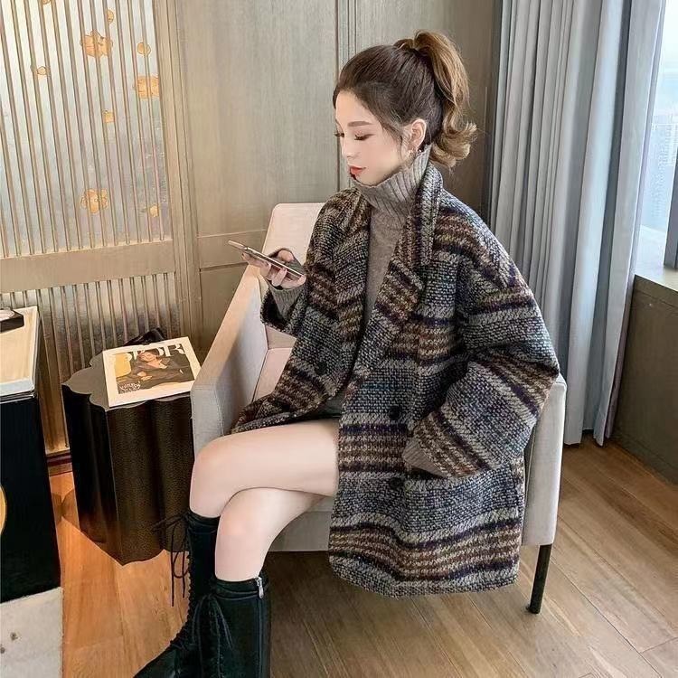 大码装西装外套女秋冬2023新款气质小个子百搭格子中长款毛呢大衣