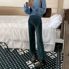 9203# Maternity Elastic Bell-bottom Pants Wearable 9/10 Inverted Bell-bottom Retro Blue Spring Jeans Wide-leg Pants