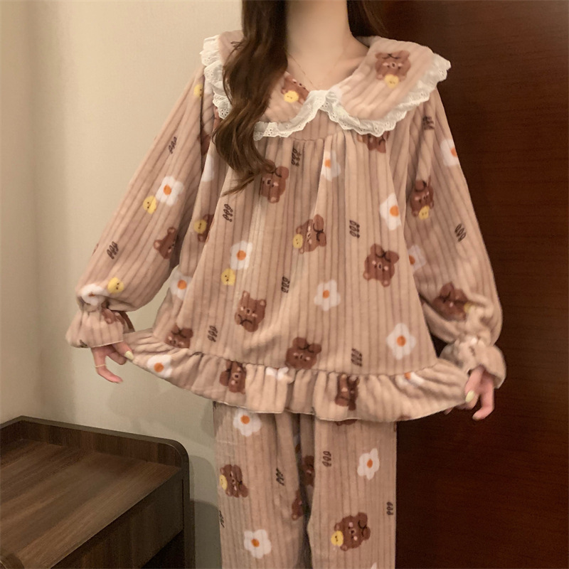 珊瑚绒睡衣女冬天加厚外穿法兰绒家居服宽松长款开衫套装加厚保暖|undefined