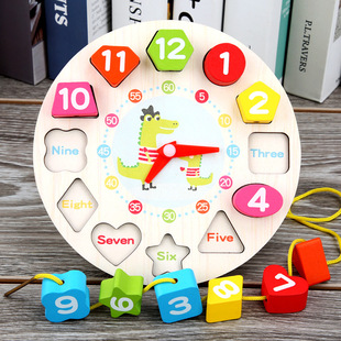 Children's Enlightenment Teaching Aids Wooden Cartoon Thinning Clock Digital Geometric Matching Building Blocks Hot Selling Educational Early Education