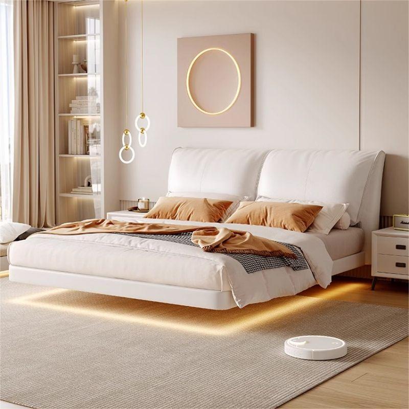 Italiano minimalista suspendido orejas de elefante moderno minimalista cama de cuero real dormitorio principal Luz de lujo abajo bolsa suave cama doble con luz