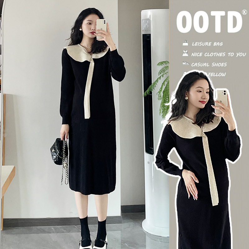 Xue Meif Maternity Dress 2024 Autumn and Winter New Korean Style Age-Reducing Lace-Up Lotus Leaf Collar Temperament Slim Knitted Skirt