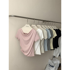 Chen Zhi 気質スイングカラー優しいウエスト半袖 Tシャツ女性用 25 夏韓国デザインニッチトップ 821