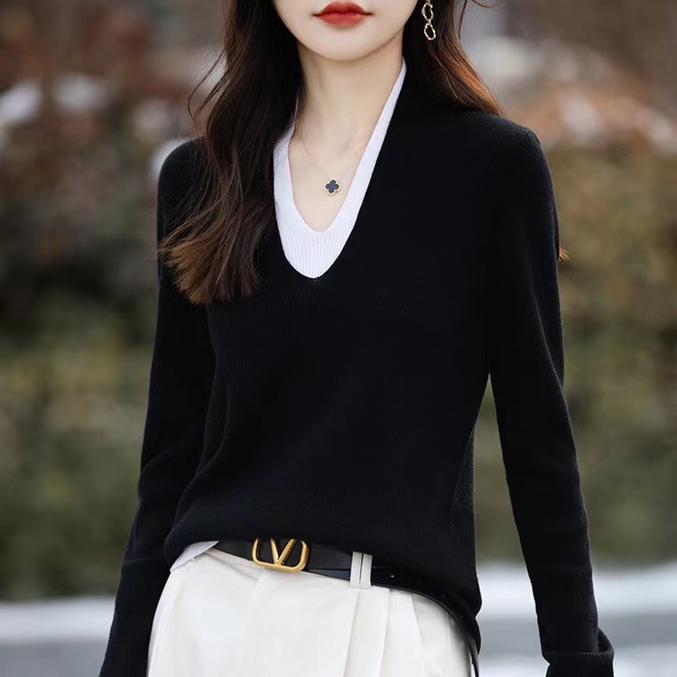 哥家商场同款女装2025秋季内搭显瘦假两件设计感撞色针织打底衫|undefined
