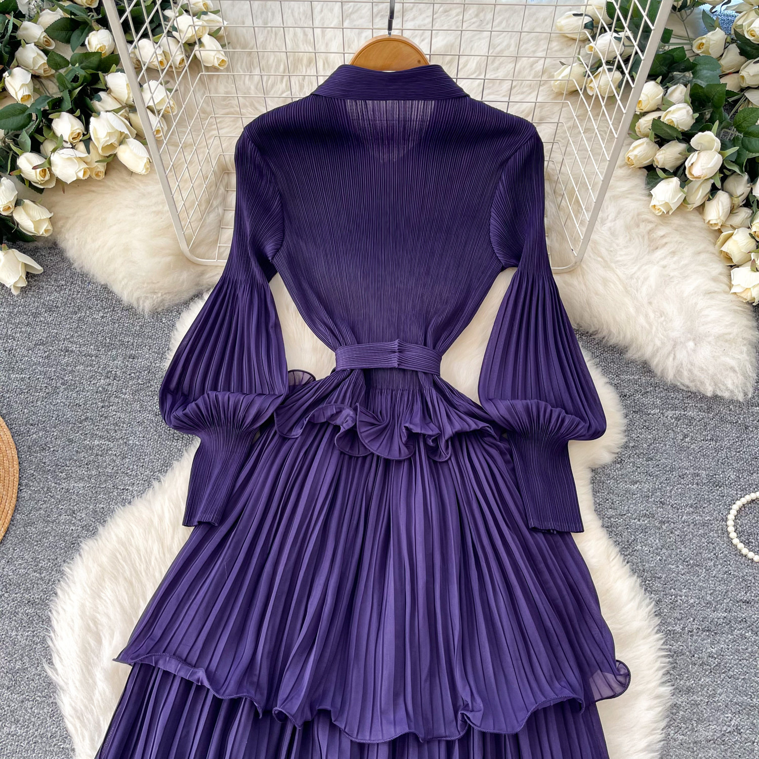 Korean Style Lantern Sleeve Dress, Women's Fitted Waist Tie Ruffle Pleated Cake Skirt, Slimming Long Skirt_ecoleips.com