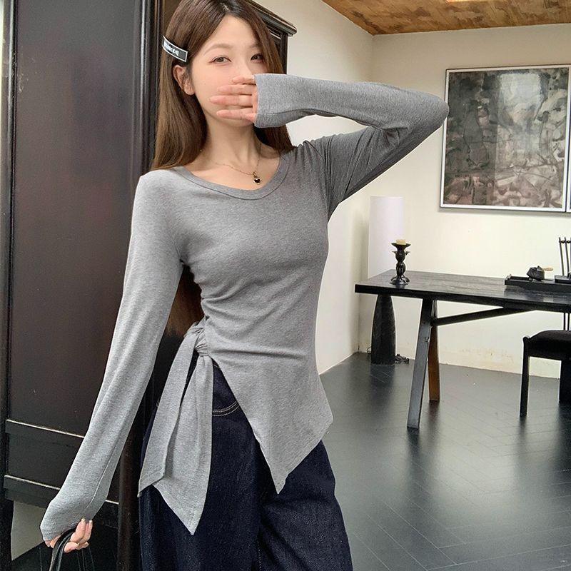 不规则开叉长袖t恤女2025新款秋季设计感系带内搭打底衫上衣大码|undefined