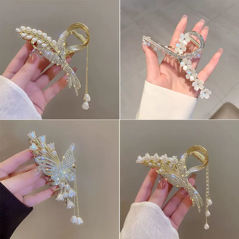 新款花朵高级感发夹时尚女鲨鱼夹发卡女盘发抓夹头饰合金麦穗批发