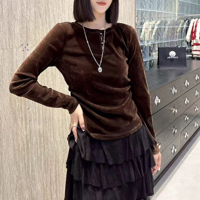 2025早秋新款时尚圆领植绒长袖上衣正肩修身显瘦打底衫女不退换|undefined