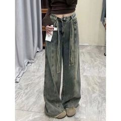 设计感复古水洗绑带垂感阔腿裤2025新款秋冬高腰毛边直筒牛仔裤女