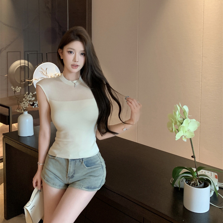 2025 Summer New Style Hollow-Out Design Stylish Slim-Fit Sleeveless Top for Women with See-Through Mesh T-Shirt 2025 Summer New Style Hollow-Out Design Stylish Slim-Fit Sleeveless Top for Women with See-Through Mesh T-Shirt