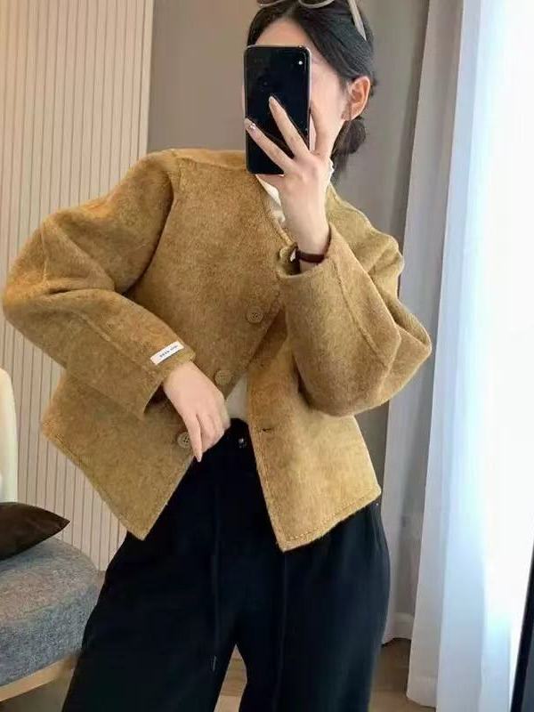 Double-Sided Cashmere Coat Women's Short Autumn New Korean Style Small Fragrance Style Round Neck Woolen Coat