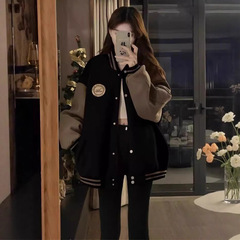 跨境慵懒风棒球服外套女秋冬加绒加厚复古宽松休闲开衫卫衣ins潮