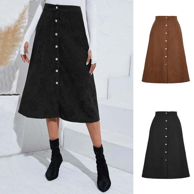 2024 Women's Corduroy Skirt Single-Breasted High-Waisted Autumn/Winter Long Skirt with Large Hem for Women on Amazon Independent Platform