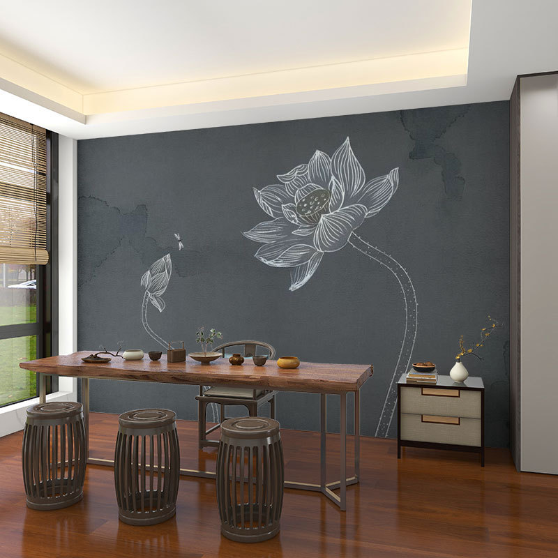 壁画3d立体中式意境荷花电视背景墙壁纸客厅壁布装饰墙布墙纸|undefined