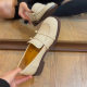 French Gentle White Loafers Women's Belt Buckle Carved Slip-on Shoes Low Heeled Shoes