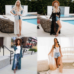 Cross-Border Bikini Cover-Up, Seaside Hot Spring Swimsuit Jacket, Lace Loose Sun Protection Beach Vacation Outer Cardigan